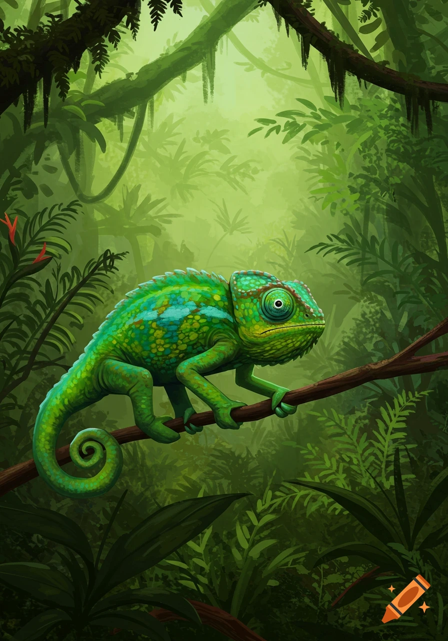 A vibrant green and blue chameleon sits on a branch in a lush, green jungle with light filtering through. Illustration style.