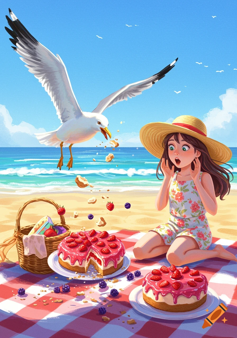 A cartoon illustration of a girl surprised by a seagull stealing cake at a beach picnic.