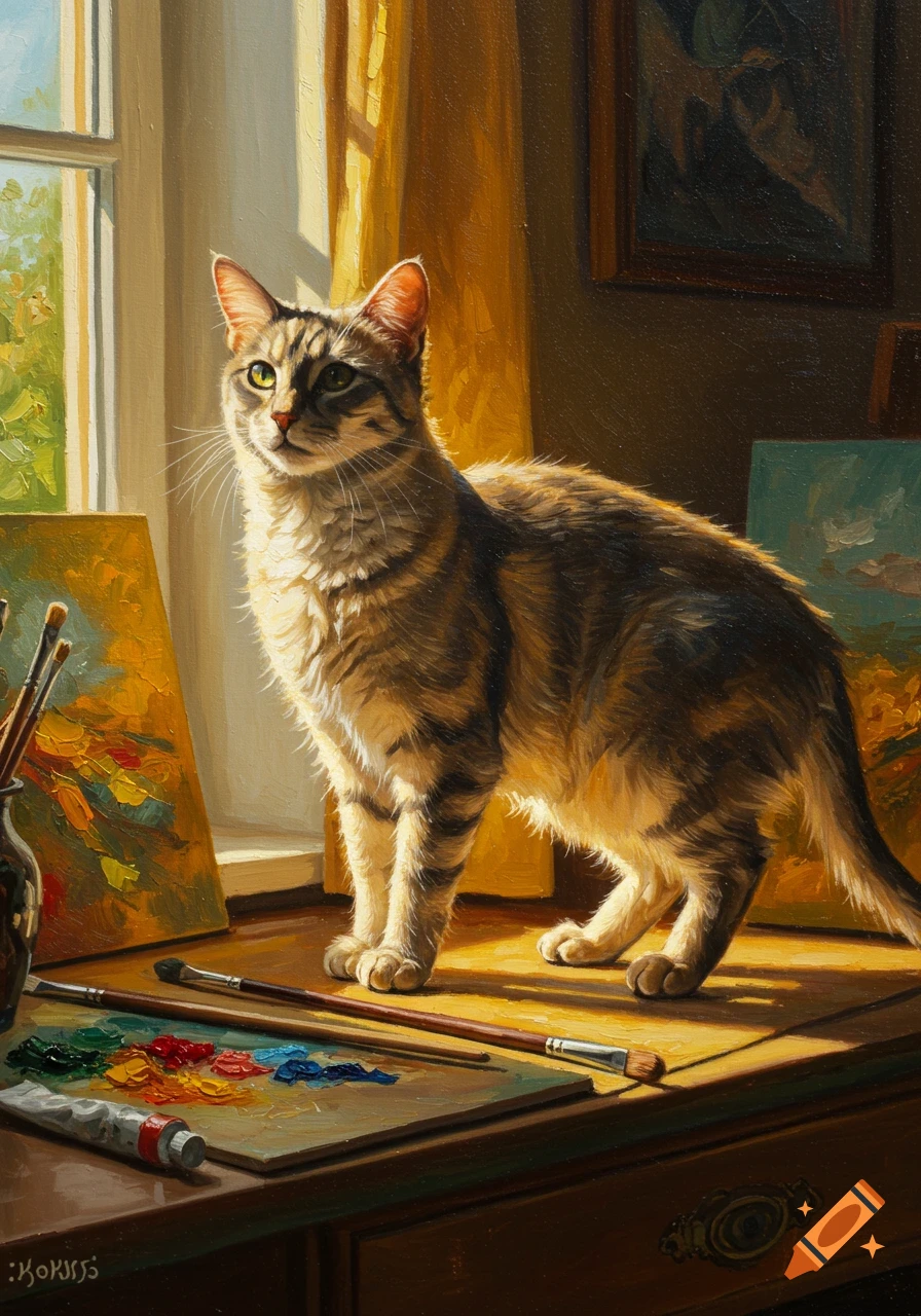 An oil painting of a tabby cat standing on a desk with art supplies by a sunlit window.