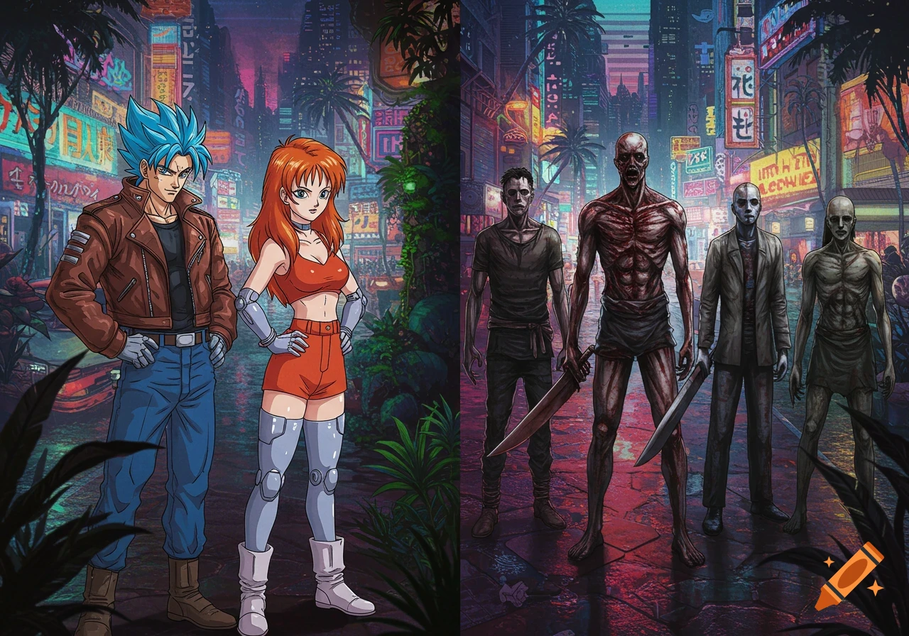 An anime-style male cyborg with blue hair and a red-haired female cyborg stand next to a group of Silent Hill-style monsters. They are in a vibrant, neon-lit cyberpunk city with tropical vegetation.