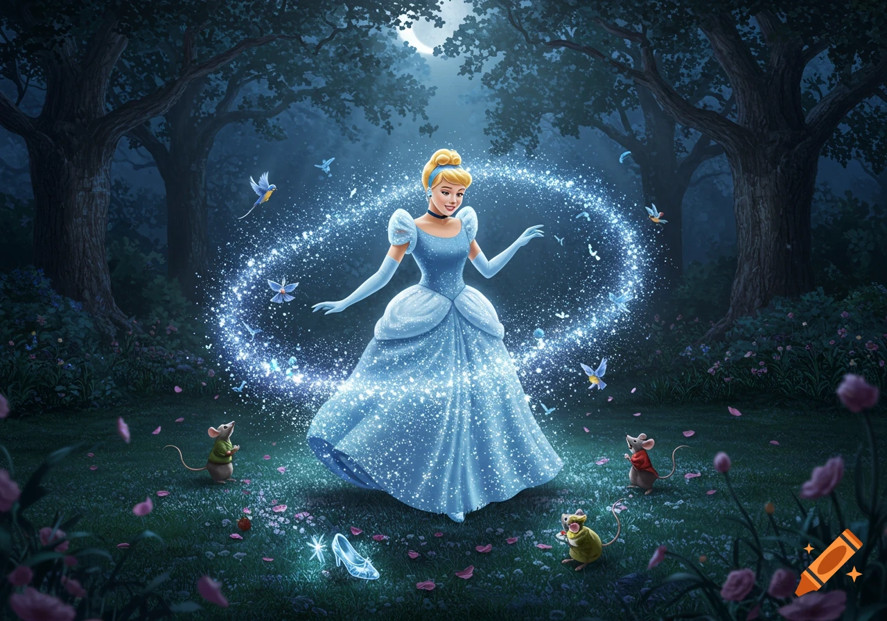 Cinderella in a sparkling blue gown in a magical forest at night with birds, mice, and glowing dust under a full moon. Illustration.