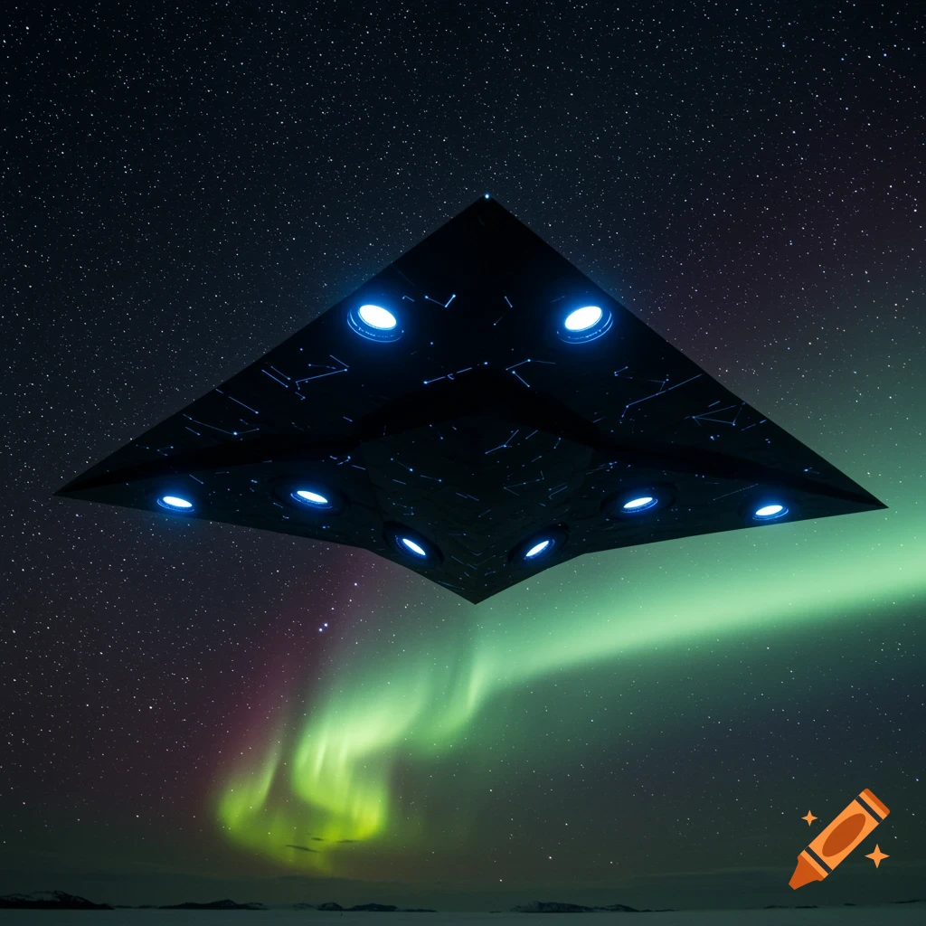 A black triangular UFO with blue lights hovers in a starry night sky with vibrant green and purple aurora borealis over a snowy landscape.