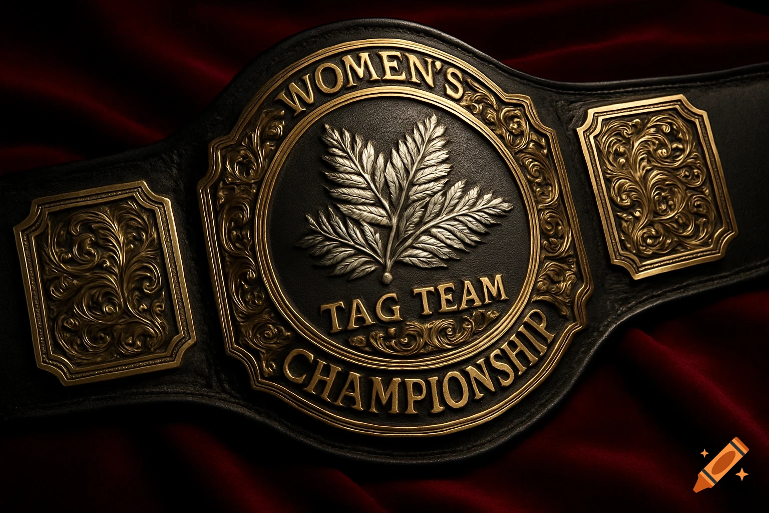 A close-up, photorealistic image of a black leather wrestling championship belt with ornate gold and silver plates, featuring a silver fern and the words "Women's Tag Team Championship" against a dark red background.