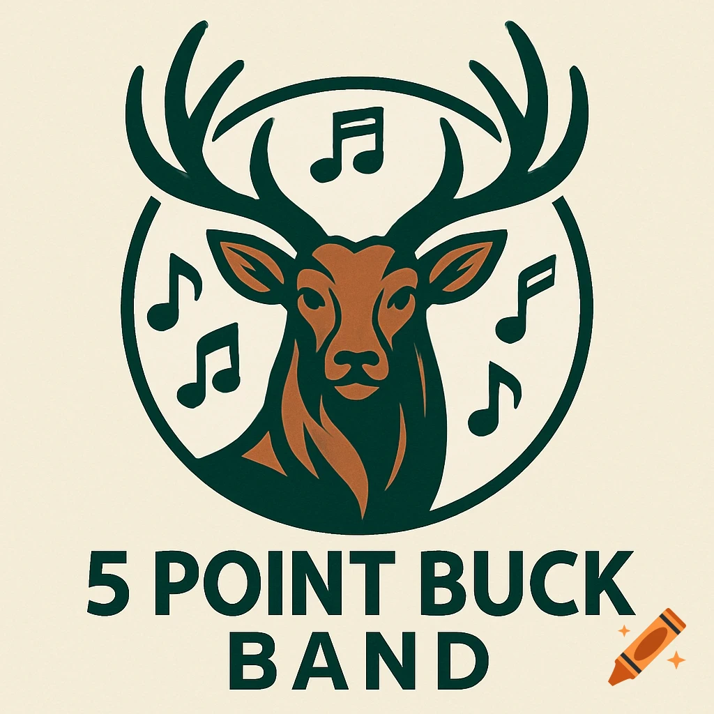 A stylized logo featuring a deer head with antlers and musical notes, above the text '5 POINT BUCK BAND'.