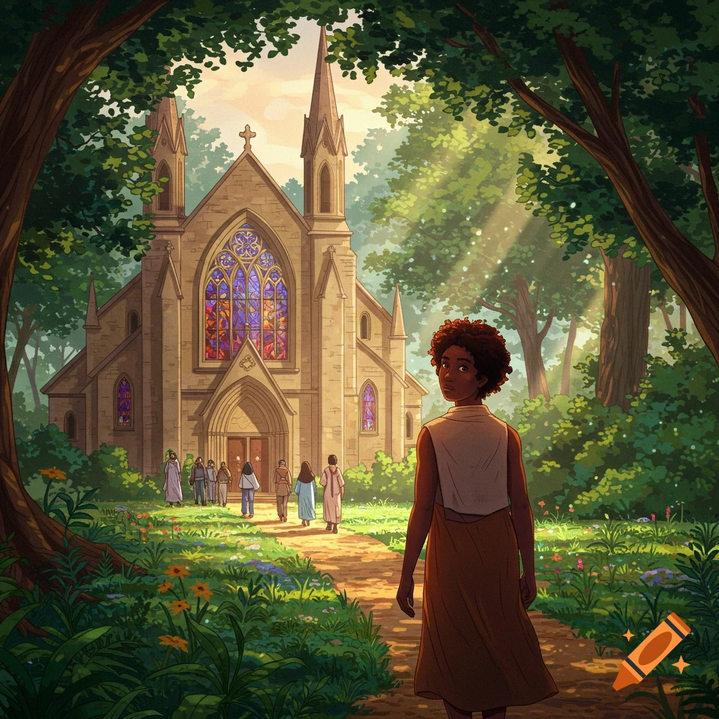 An illustration of a person walking away from a church and a crowd, choosing a path through a sun-dappled forest.