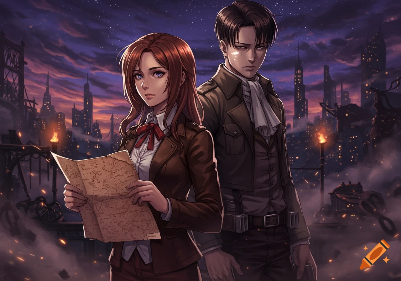 Two anime characters, a woman with auburn hair holding a map and a man with dark hair, stand in a dark, stylized city at night with glowing lights.