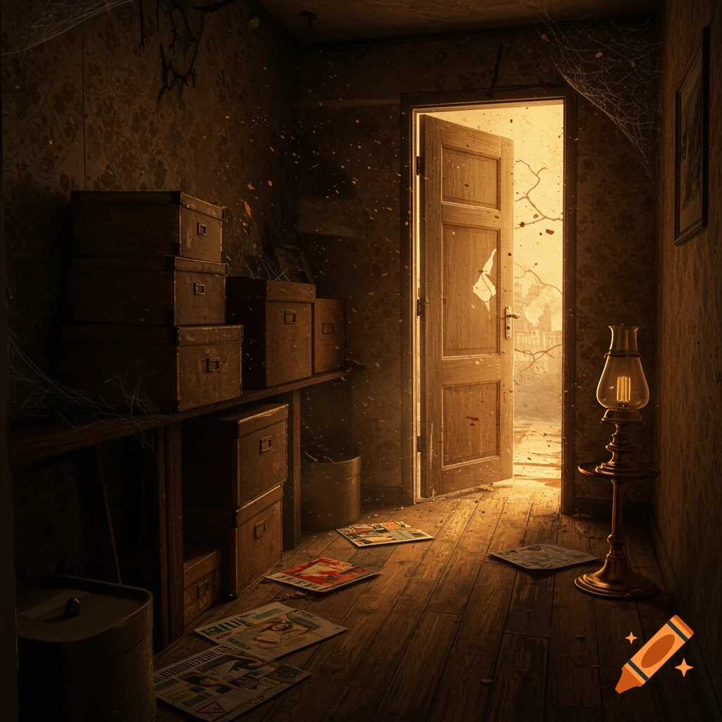 A dusty, abandoned storage hallway with stacked boxes, old papers, a lamp, and an open door revealing a damaged outdoor scene.