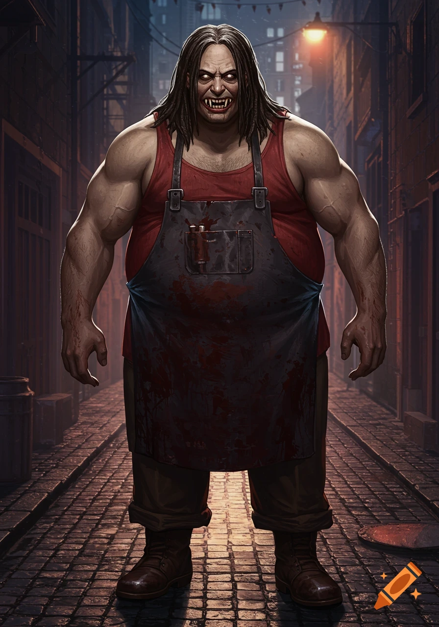 A large, monstrous man with long dark hair, fangs, and a blood-stained apron stands in a dark alley at night.