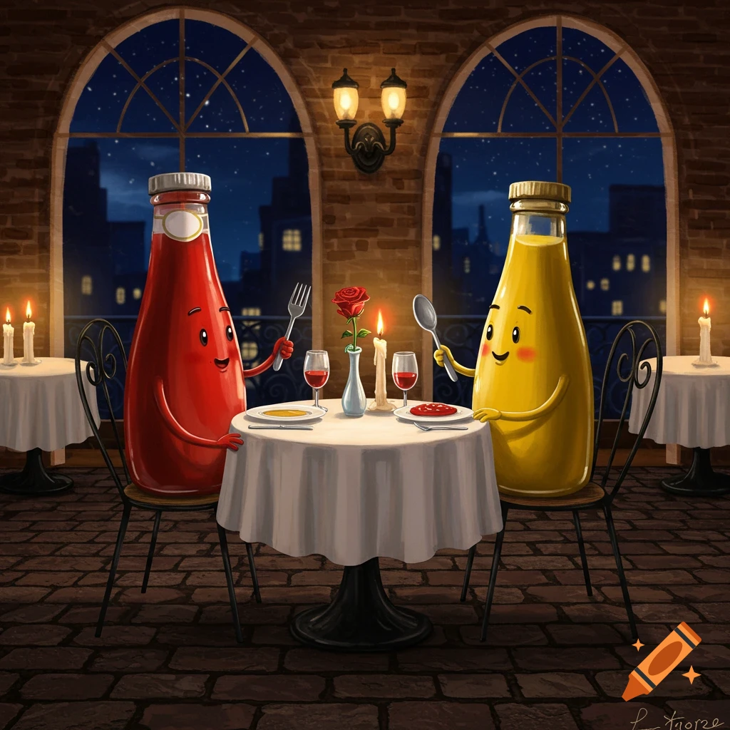 Cartoon ketchup and mustard bottles on a candlelit date in a restaurant, with city lights visible through arched windows at night.