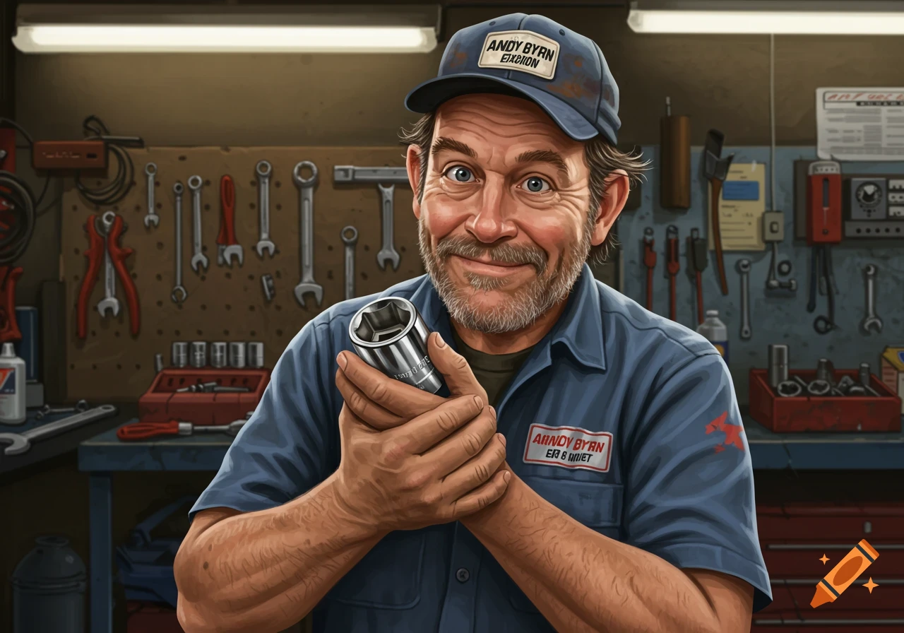 A smiling older man with a beard and baseball cap in a workshop, holding a large socket wrench.