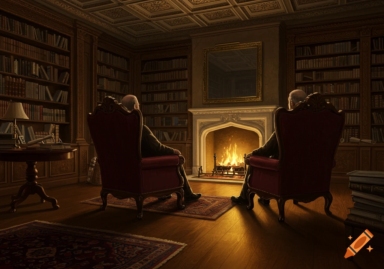 Two men sit in red armchairs, backs to the viewer, facing a glowing fireplace in a grand, dimly lit library filled with bookshelves.