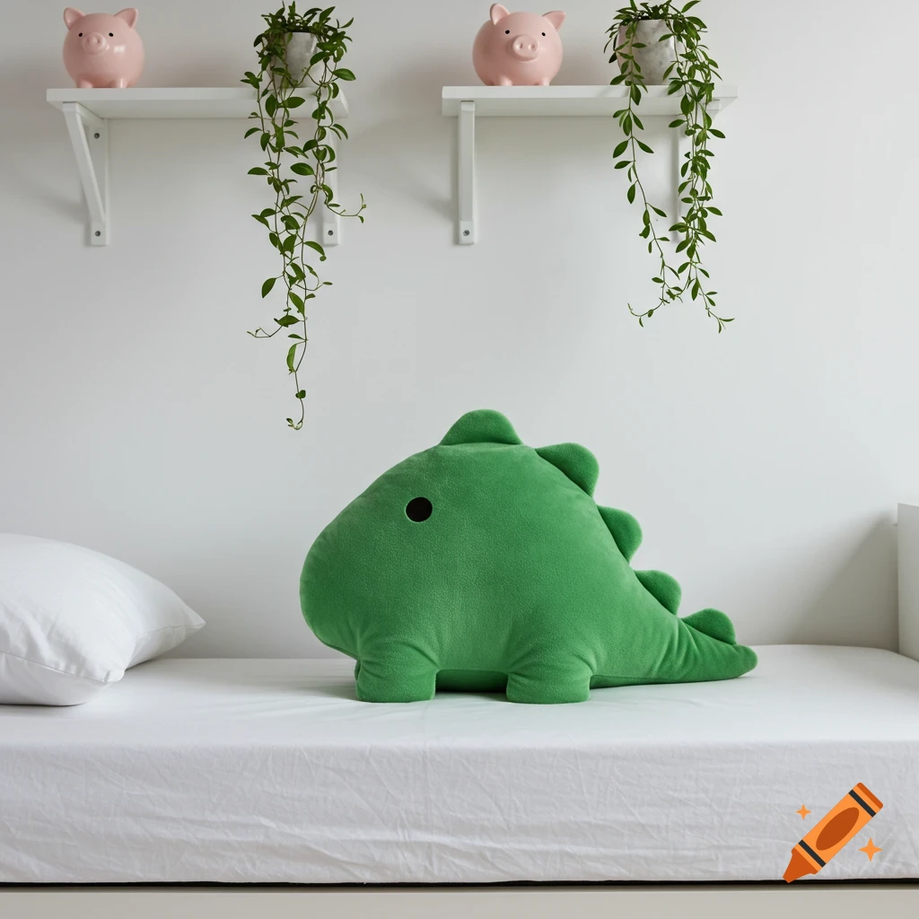 A green dinosaur plush pillow lies on a white bed sheet. Above it, white shelves hold pink piggy banks and green hanging plants against a white wall.