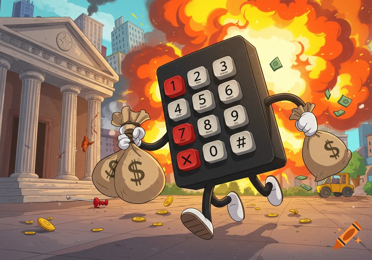 Cartoon keypad character with stick figure limbs running from an explosion, holding bags of money after robbing a bank.