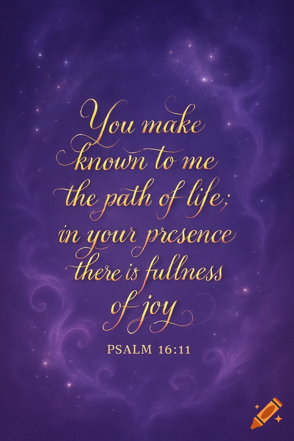 Golden calligraphy of Psalm 16:11 on a purple starry background with celestial wisps.