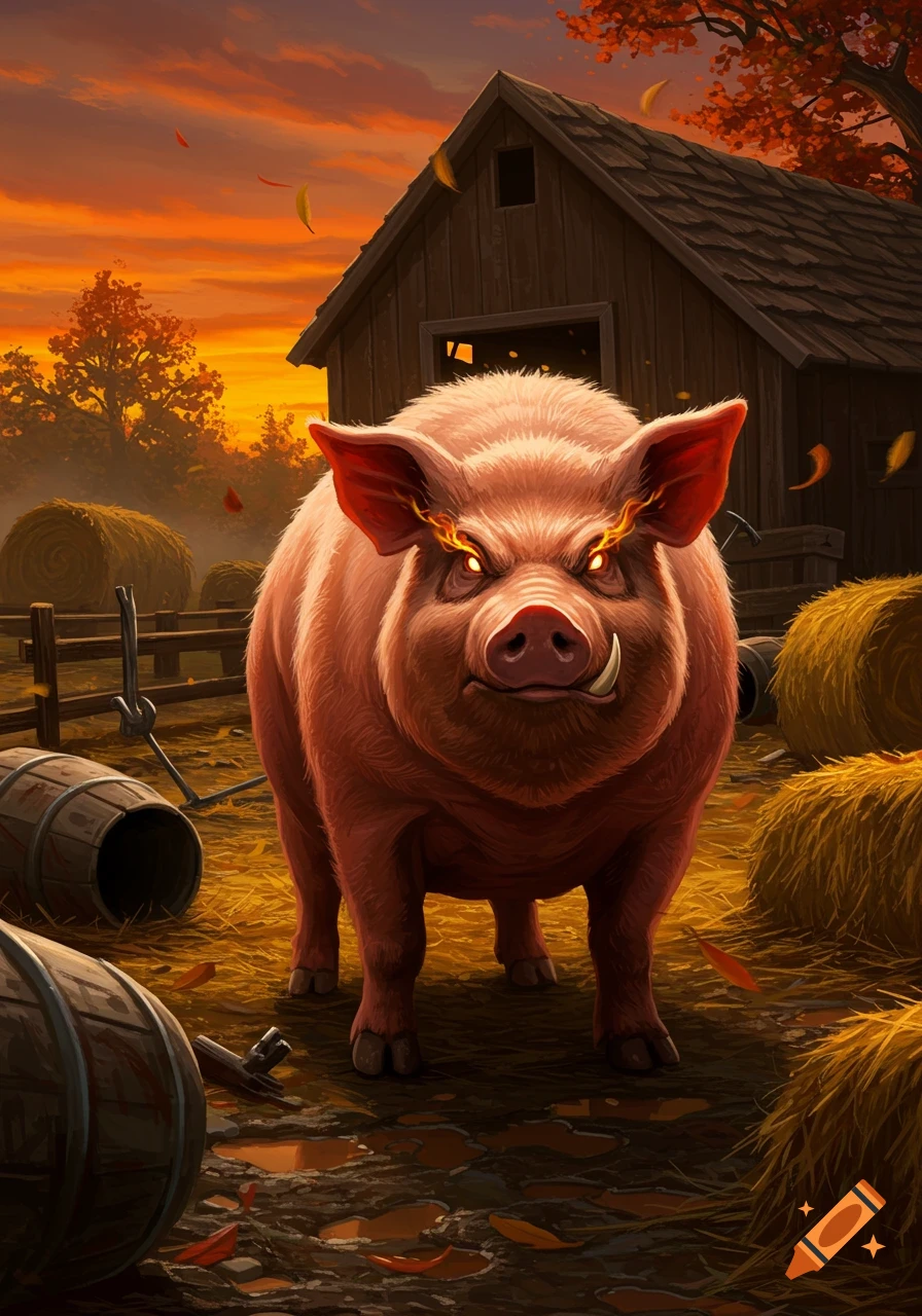 A fierce-looking pig with glowing orange eyes stands on a farm at sunset, surrounded by hay bales and a barn, in an illustrated style.