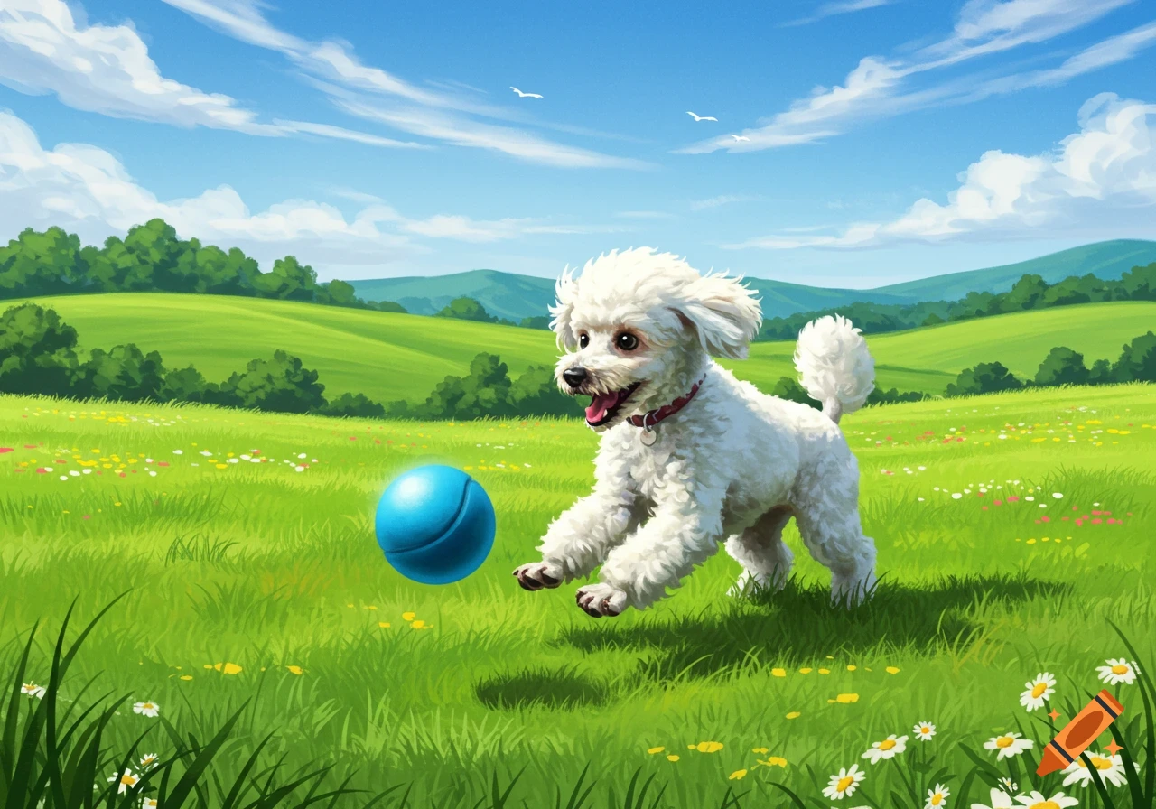 An illustration of a white fluffy poodle happily playing with a blue ball in a vibrant green field under a clear blue sky.