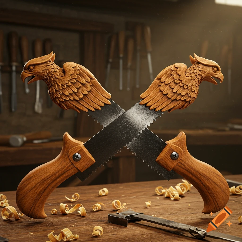 Two detailed saws with carved wooden griffin handles crossing on a workbench with wood shavings.
