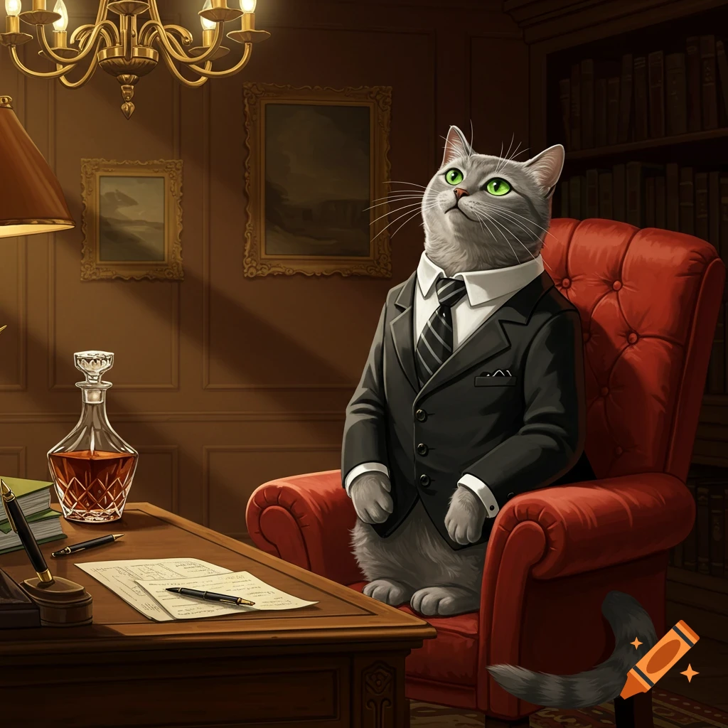 A grey cat wearing a black suit and striped tie sits in a red armchair at a wooden desk in a richly decorated office.