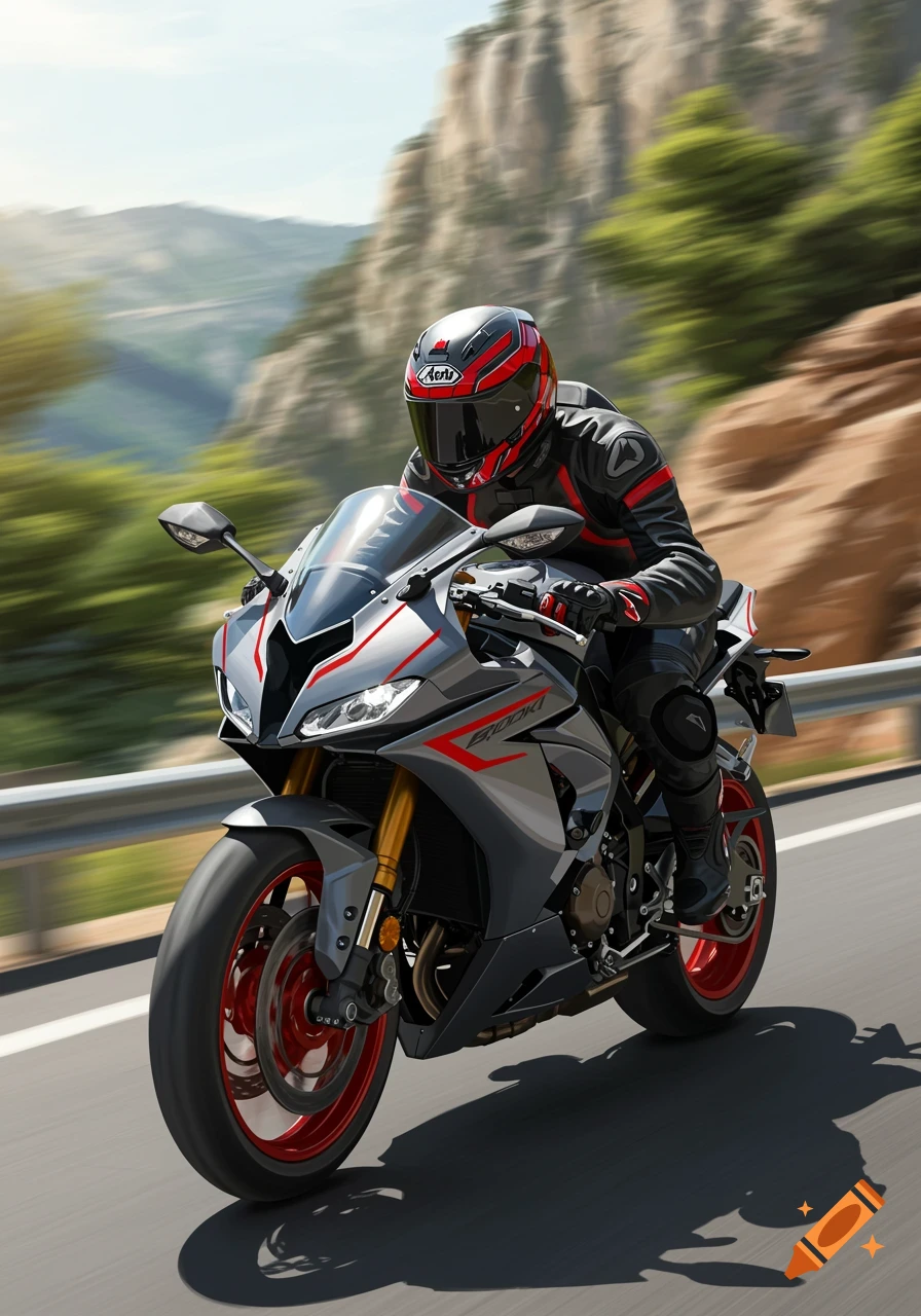 A motorcyclist in a black and red suit rides a gray and red sports bike down a winding mountain road on a sunny day.