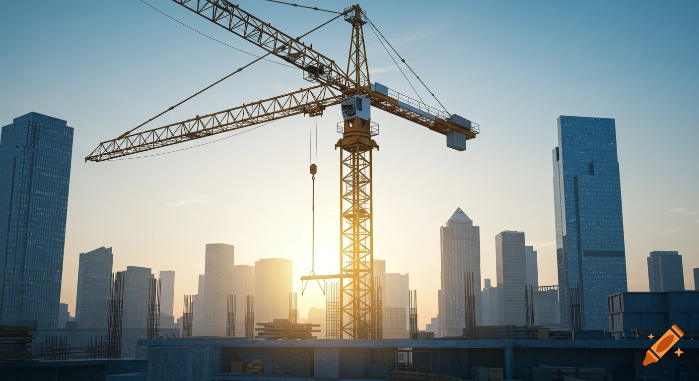 A large yellow construction crane towers over a city skyline with skyscrapers at sunset or sunrise, with a construction site in the foreground.