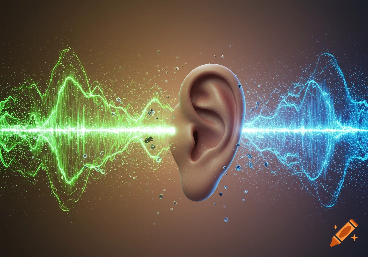 A human ear with vibrant green and blue sound waves and particles emerging from its canal, set against a brown background.