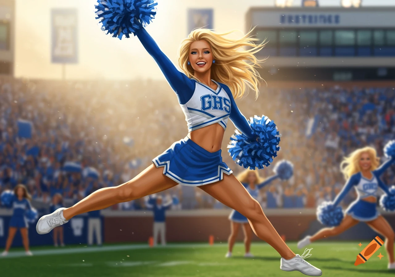 A blonde cheerleader in a blue and white uniform leaps mid-air with pom-poms during a daytime sports event in a packed stadium.