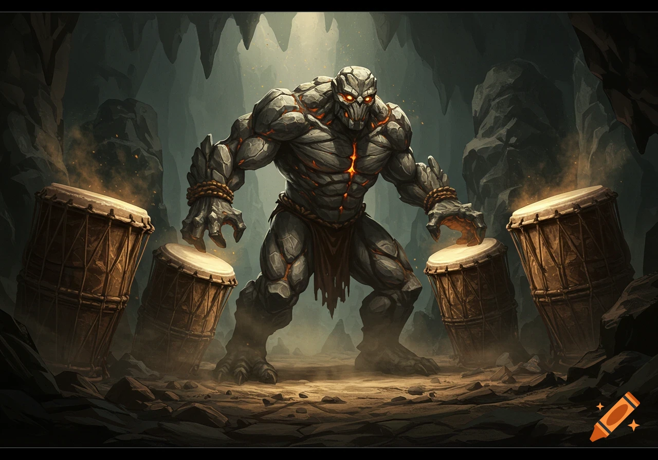 A large, muscular rock monster with glowing orange cracks stands in a dark cave between two large drums.