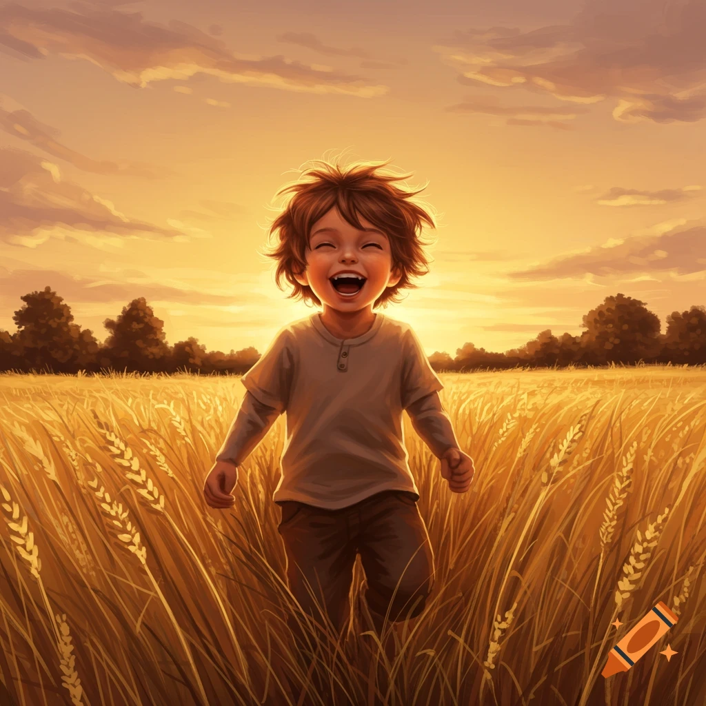 A joyful child with messy brown hair laughs, standing in a golden wheat field at sunset. Digital illustration.