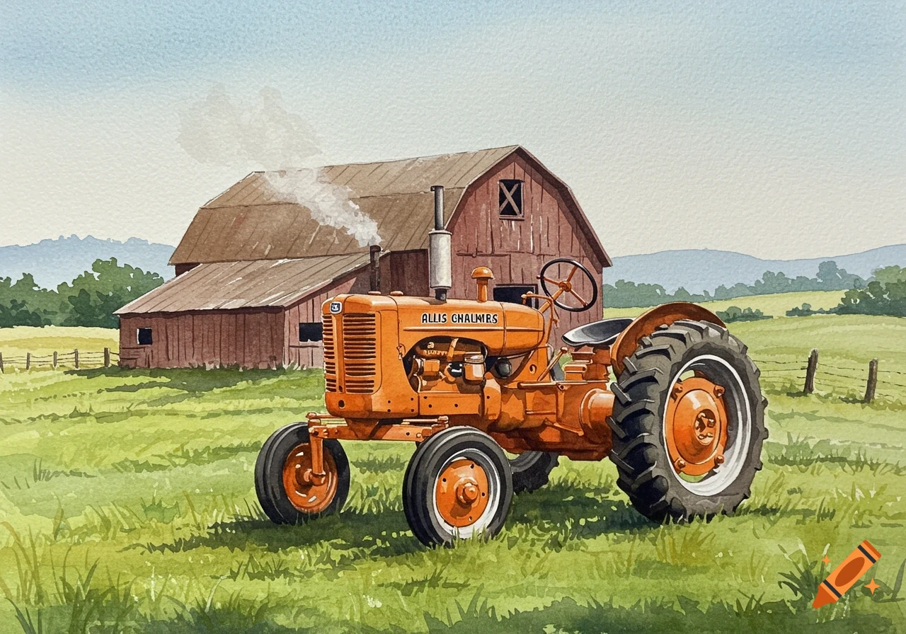 A watercolor painting of an orange Allis Chalmers tractor in a green field with a red barn in the background.