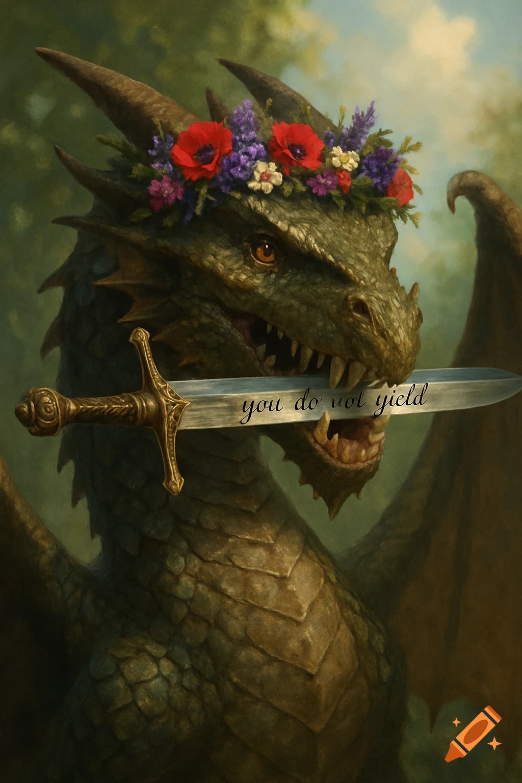 A realistic green dragon wearing a crown of red and purple wildflowers, holding a sword in its mouth with "you do not yield" on the blade.