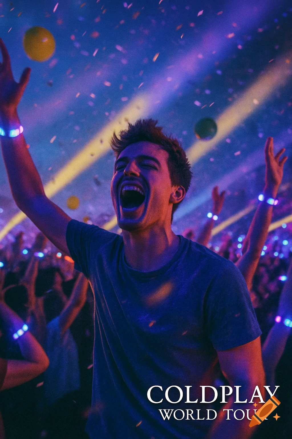 A young man cheers enthusiastically with his arm raised at a vibrant concert with purple and blue lights, confetti, and a crowd.