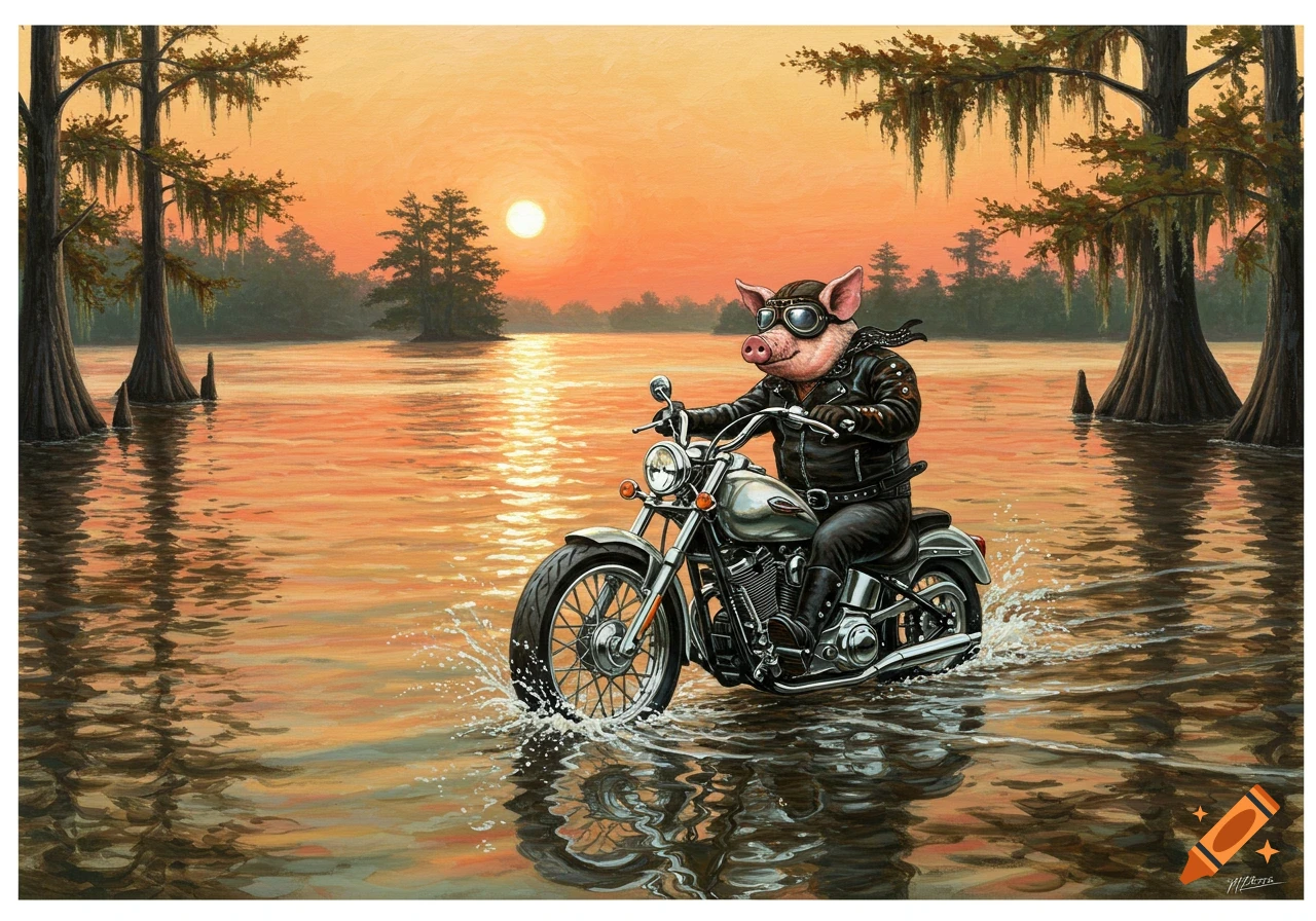 An anthropomorphic pig in a leather jacket and goggles rides a motorcycle through a swamp at sunset, splashing water.