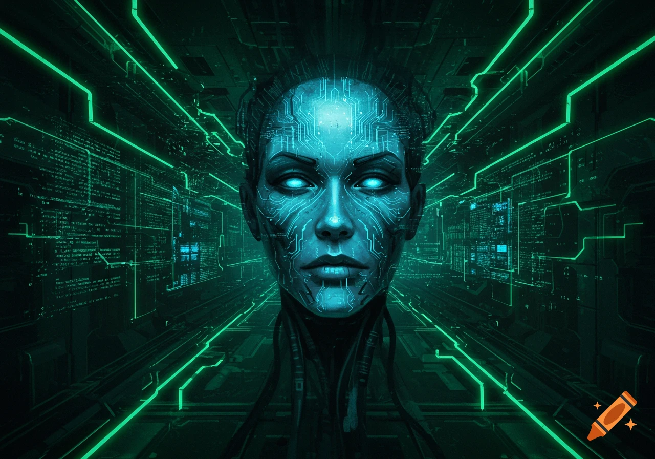A futuristic face with glowing blue circuitry and eyes, set against a dark, green-lit digital background.