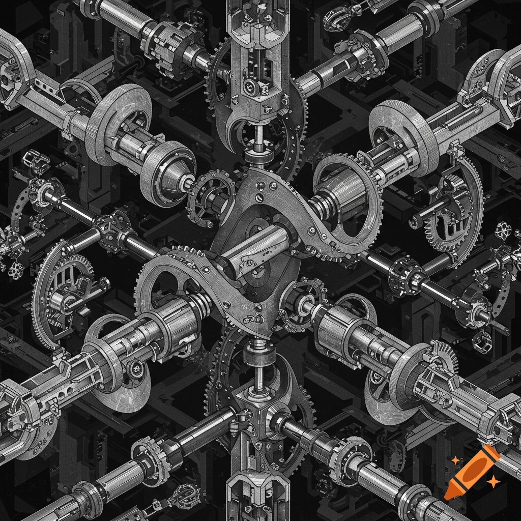 Intricate black and white isometric drawing of interconnected gears and mechanical components.