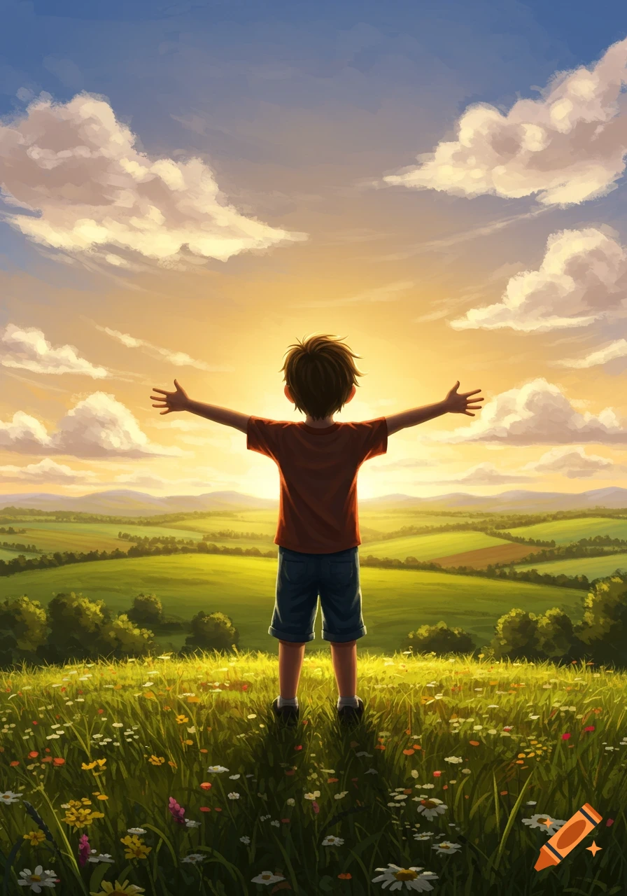 A cartoon illustration of a young boy standing in a vast green field with arms outstretched towards a vibrant sunset sky.