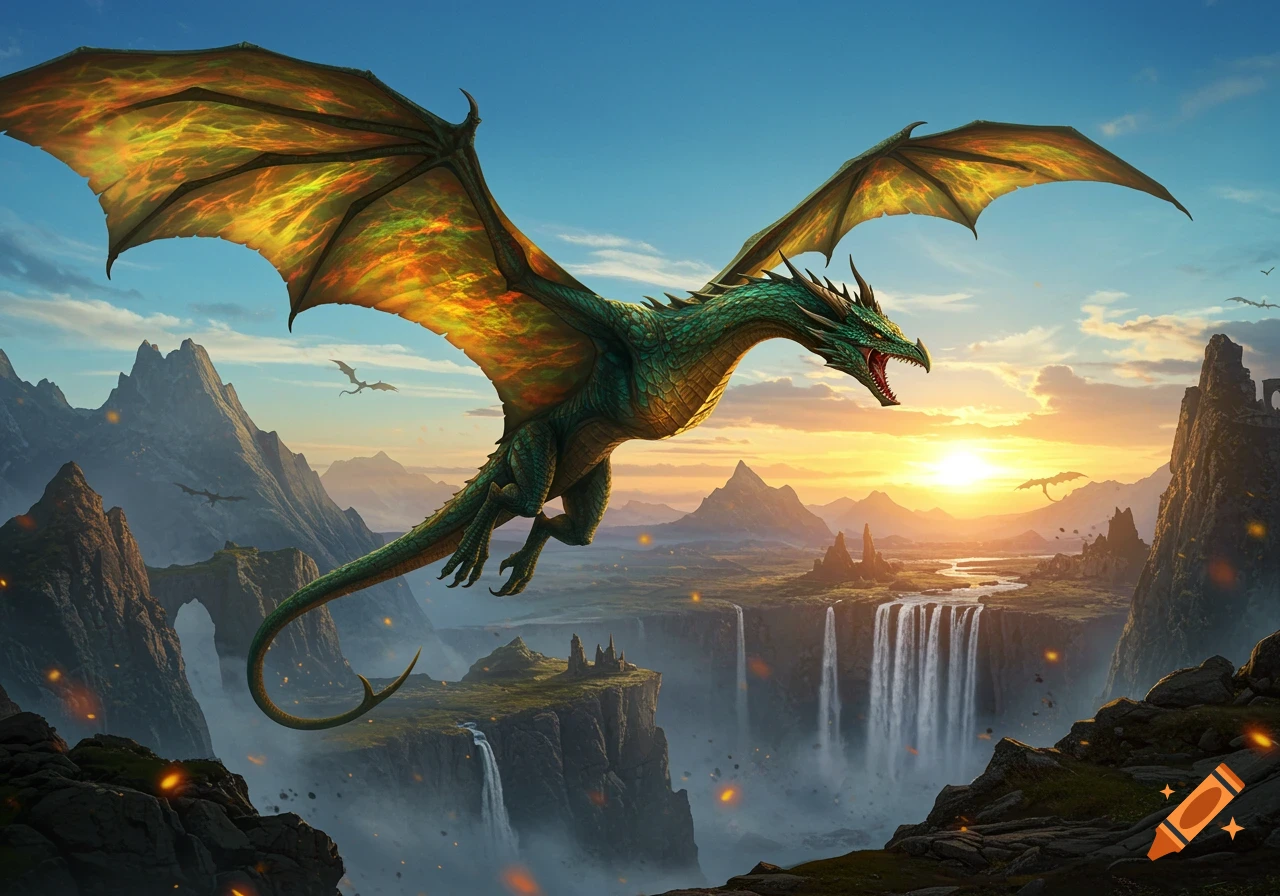 A majestic green dragon with fiery wings soars above a breathtaking fantasy landscape with waterfalls and mountains at sunset.