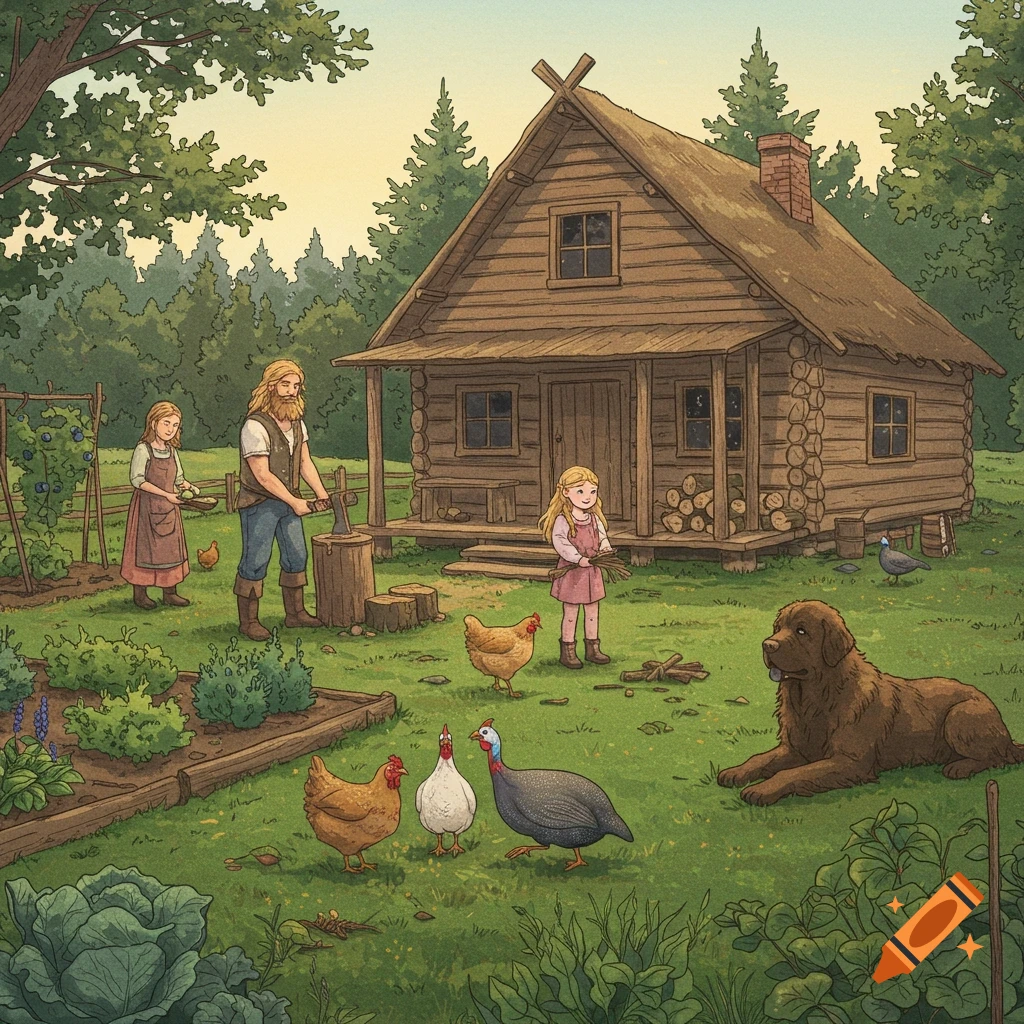 A watercolor illustration of a peaceful homestead: a man chopping wood, a girl gathering kindling, and a woman feeding chickens near a log cabin, garden, and dog.