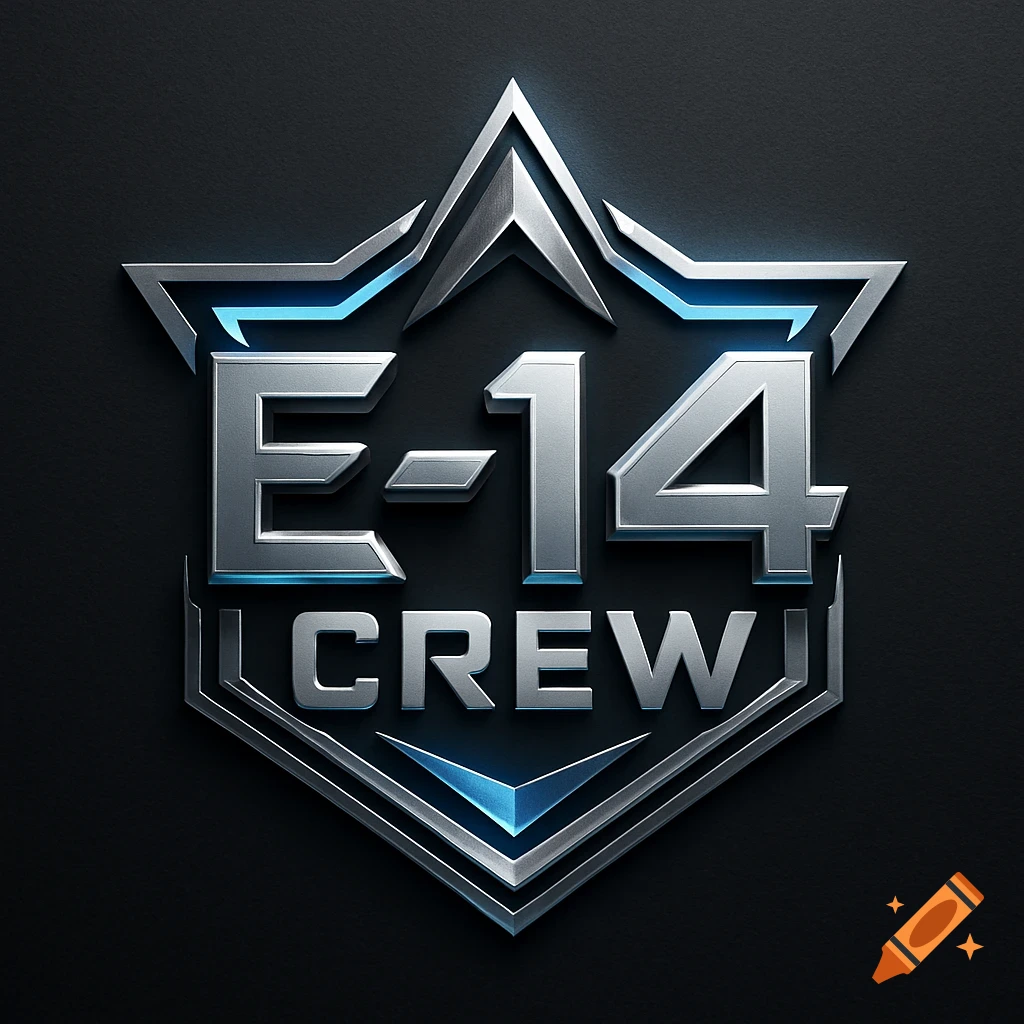 A metallic, emblem-style logo featuring the text "E-14 CREW" with blue glowing accents on a dark background.
