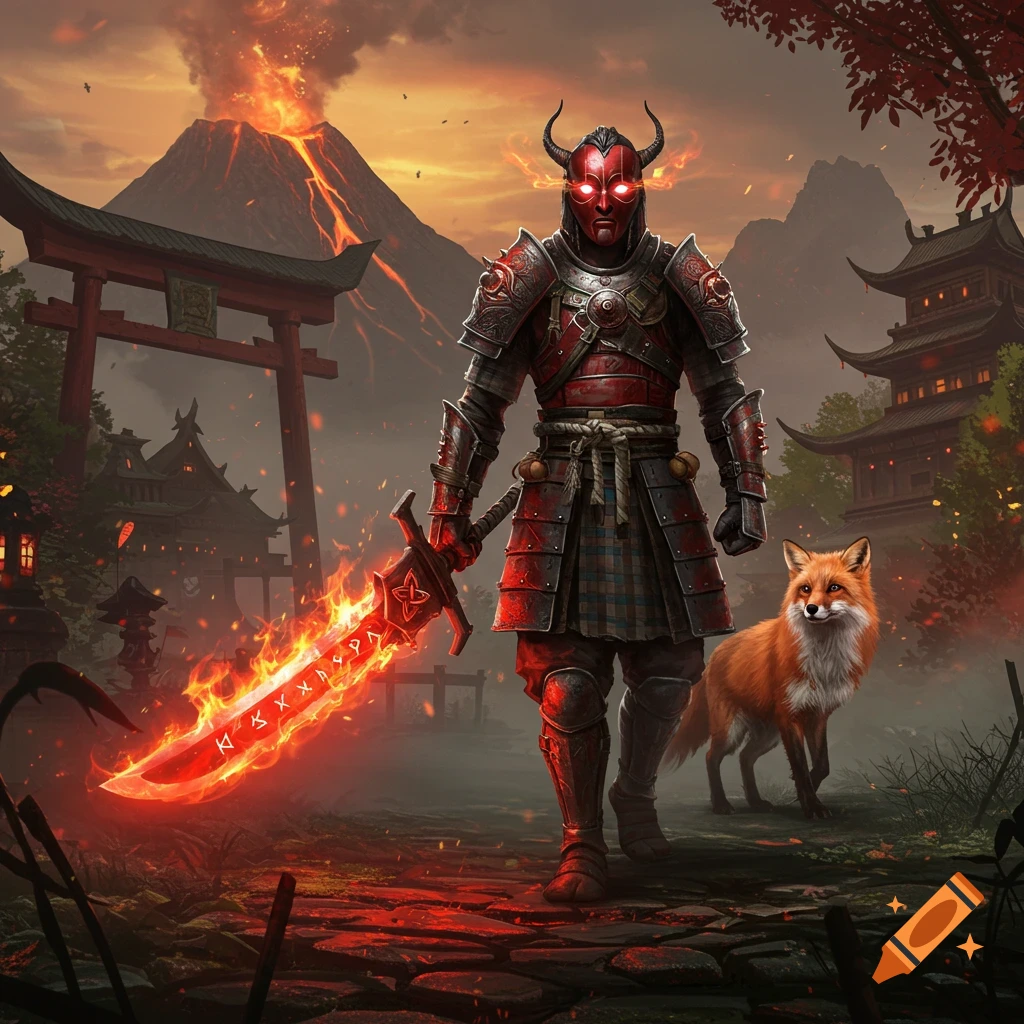 A demonic samurai knight in red and black armor with glowing red eyes and horns stands with a fiery, rune-etched greatsword beside a fox, a volcano erupting in the background.