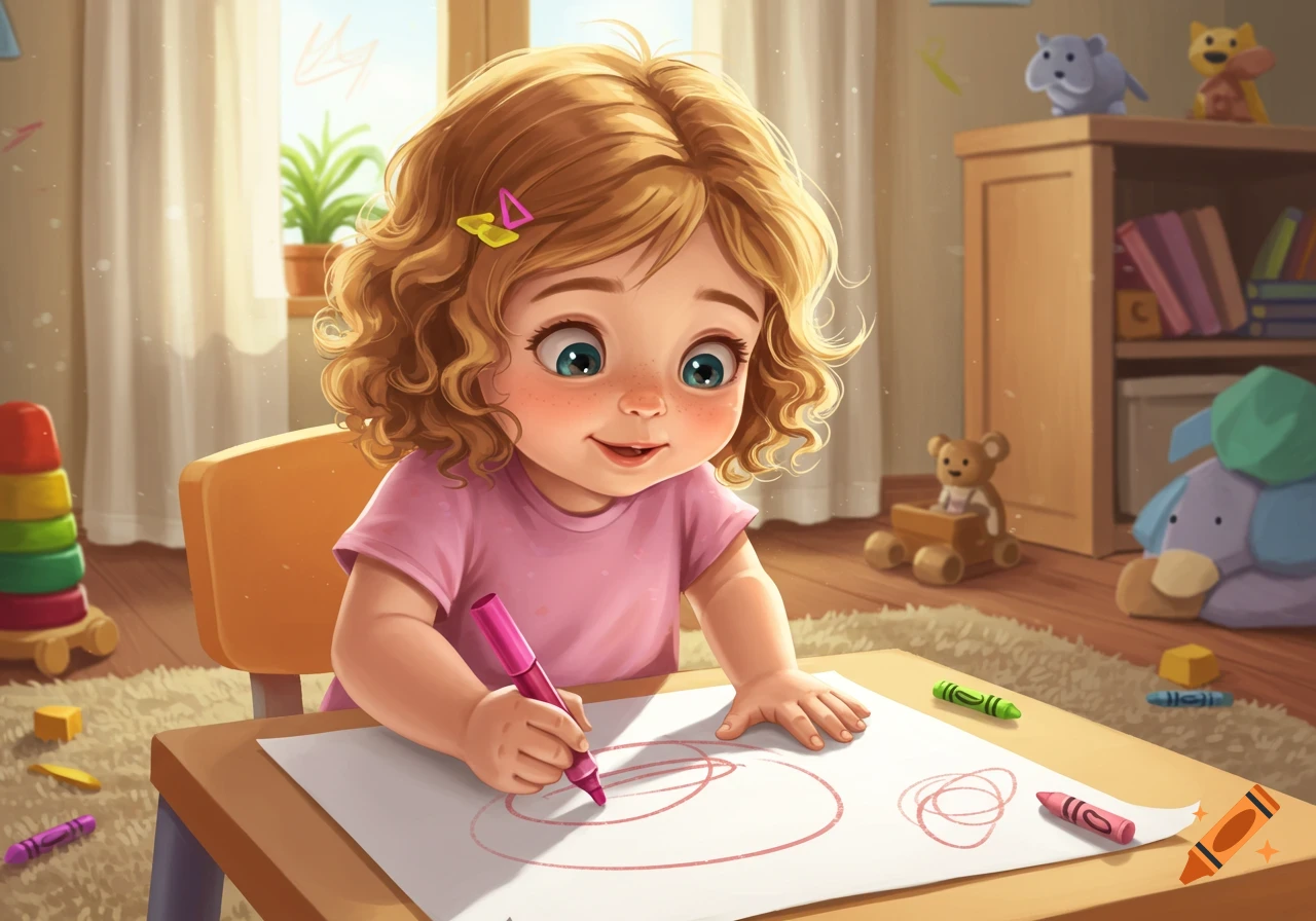 A cute, smiling toddler with curly blonde hair sits at a table in a sunlit playroom, drawing with a pink marker.
