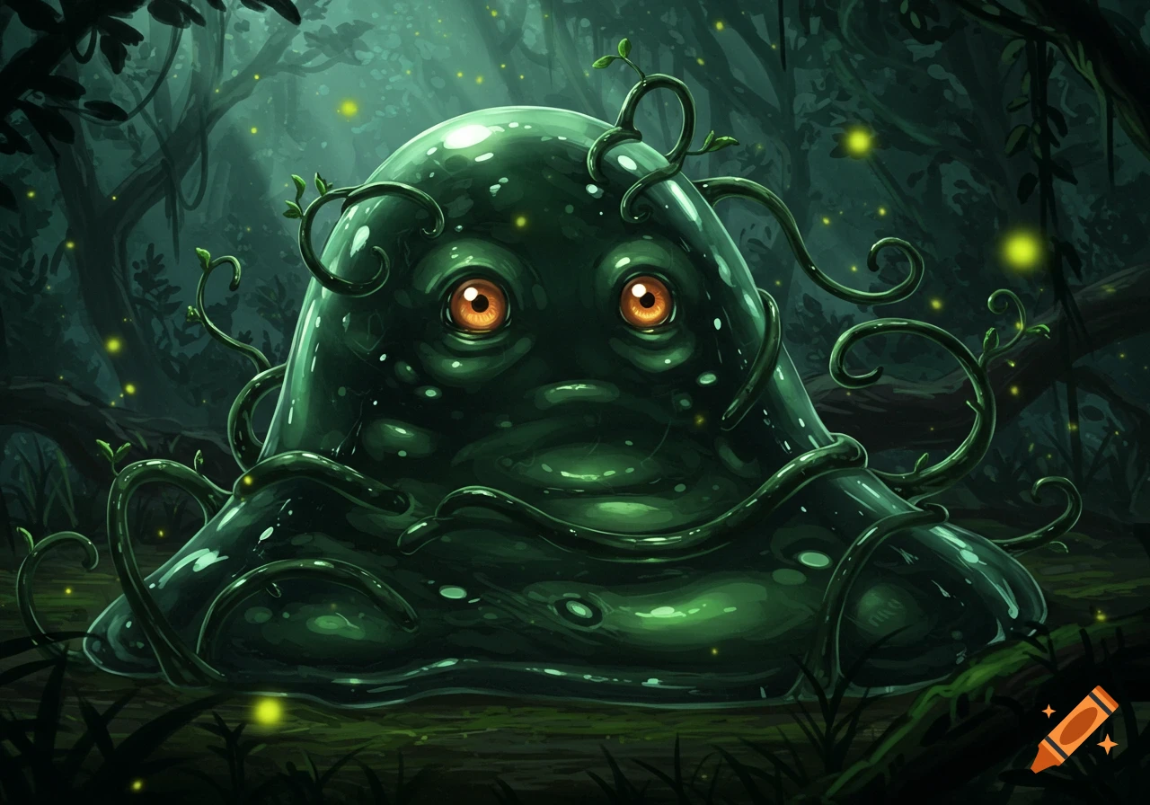 A glistening green slime creature with large orange eyes and vines wrapped around it sits in a dark, glowing forest.
