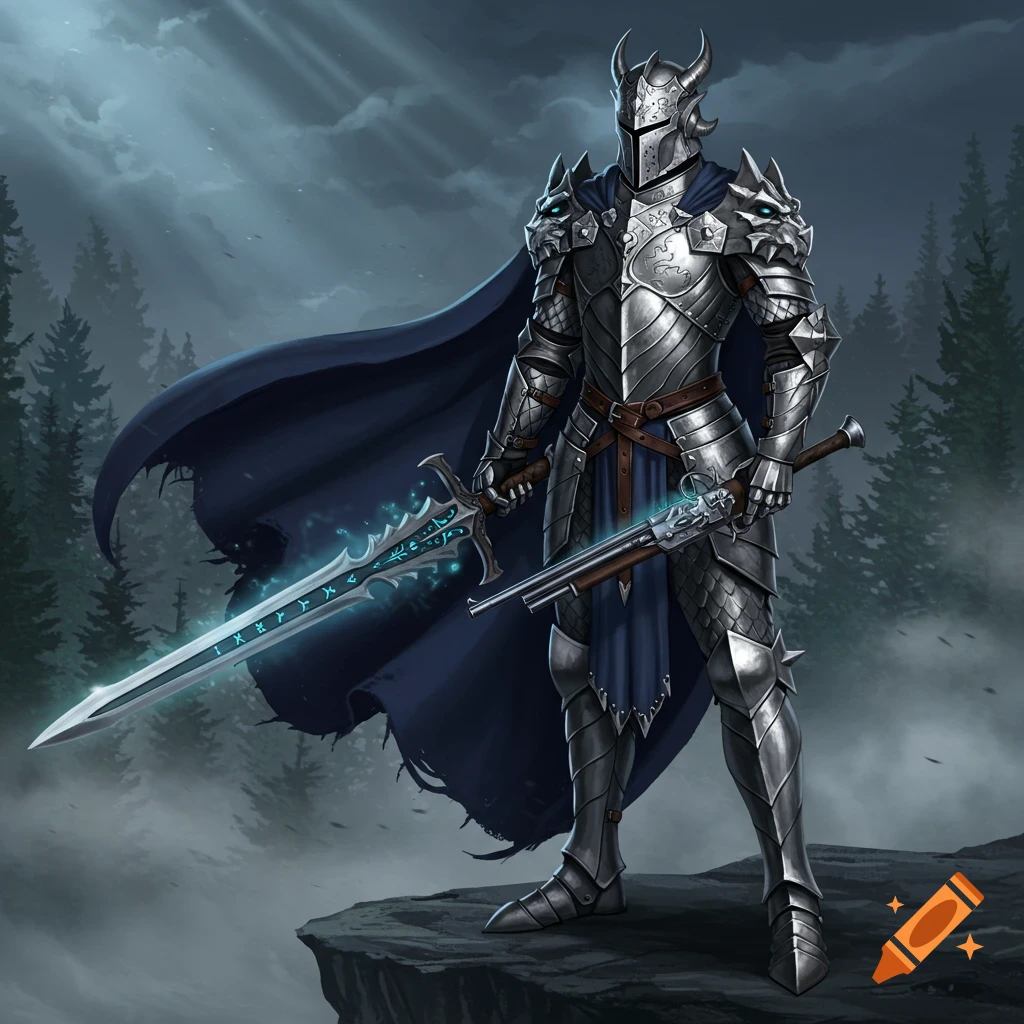 A fully armored knight in gleaming silver dragon-styled armor and a dark blue cape stands on a rocky outcrop, holding an ornate glowing sword and a gun.