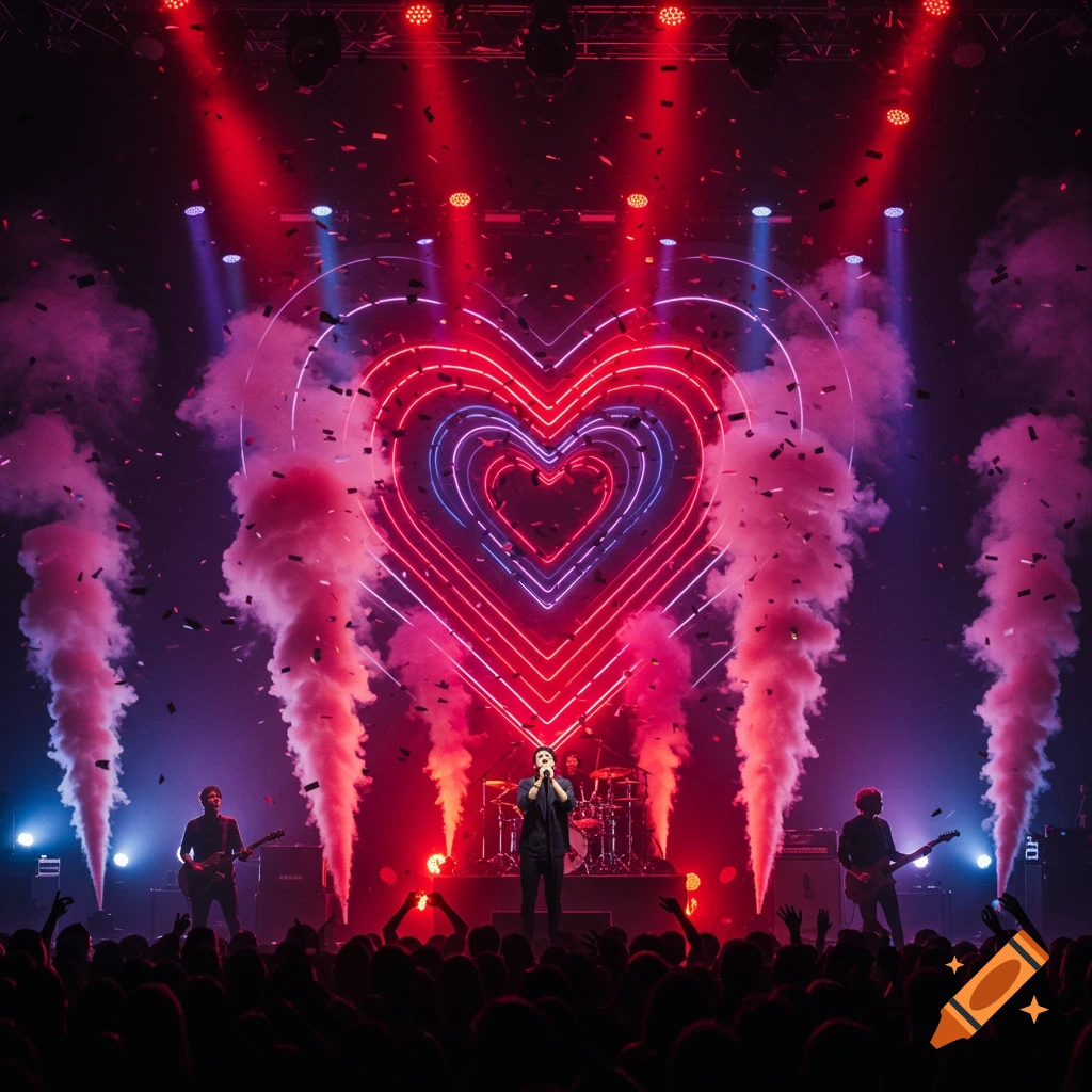 A band performs on a brightly lit stage with a large neon heart backdrop, surrounded by smoke and confetti, viewed from the audience.