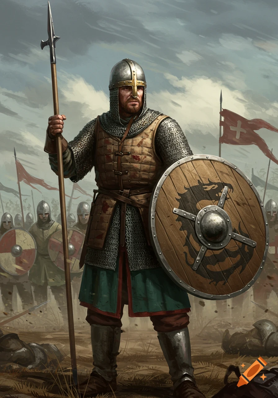 A medieval infantry warrior in full armor stands on a battlefield, holding a spear and a dragon-emblazoned shield.