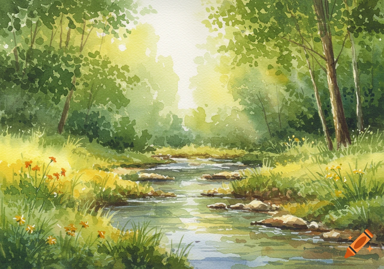 Watercolor painting of a sunlit forest scene with a stream flowing through lush green foliage.