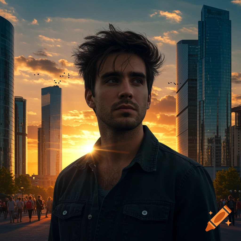Photorealistic portrait of a man looking right, silhouetted against a city skyline at sunset.