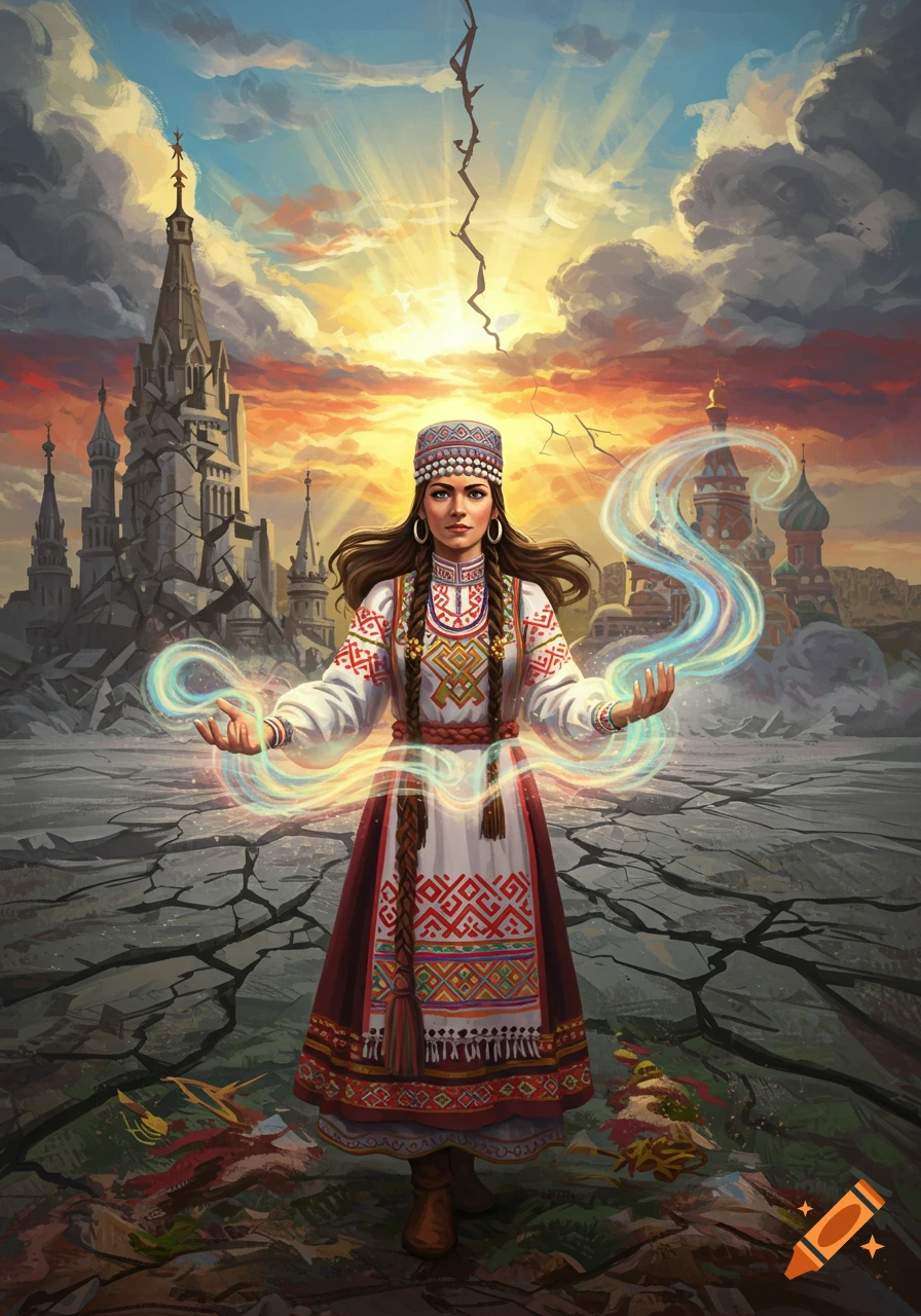 A woman in traditional Slavic attire emanates magic in a cracked, ruined landscape with crumbling Russian architecture under a dramatic sky.
