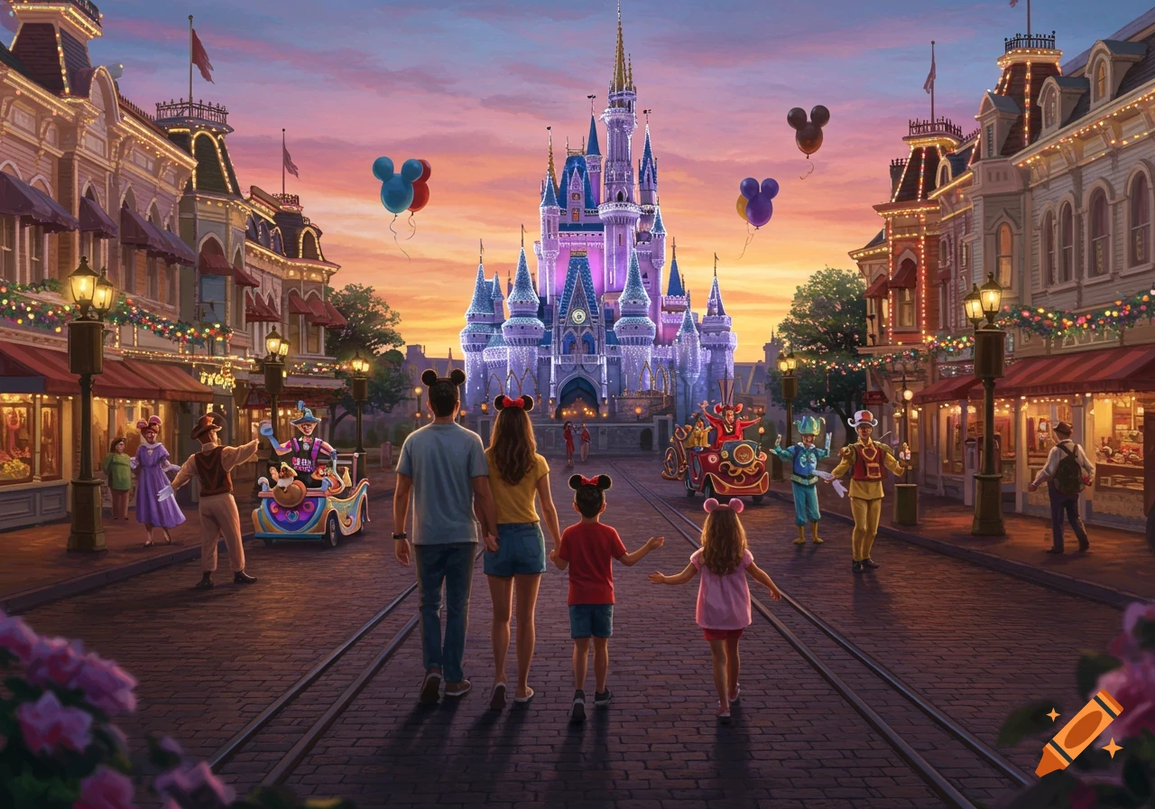 A family with Mickey ears walks towards a brightly lit Cinderella-like castle at sunset, with shops and parade characters on a vibrant theme park street.