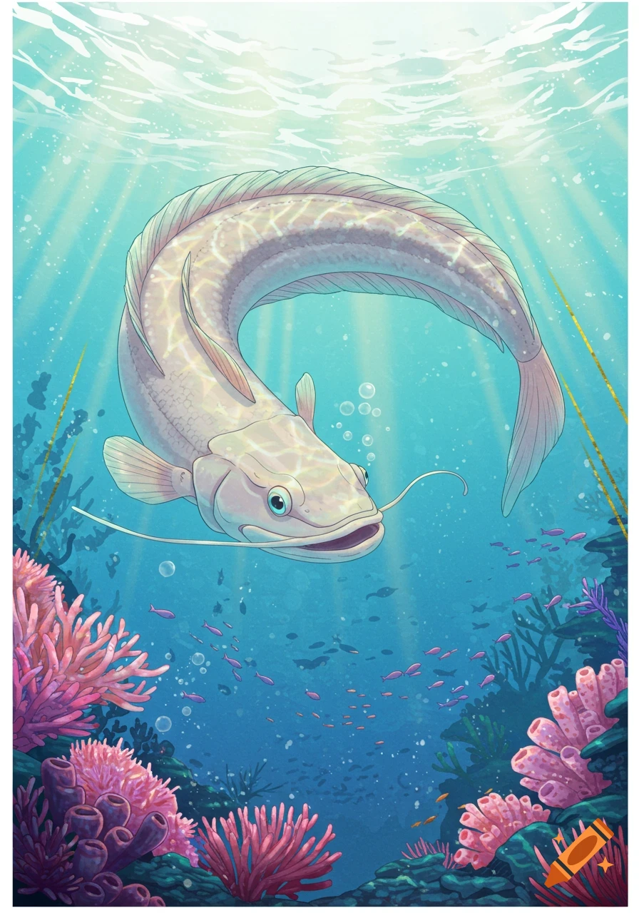 An illustrated flat head fish with long barbels swims in vibrant blue water, surrounded by colorful coral and small fish, with sun rays from the surface.