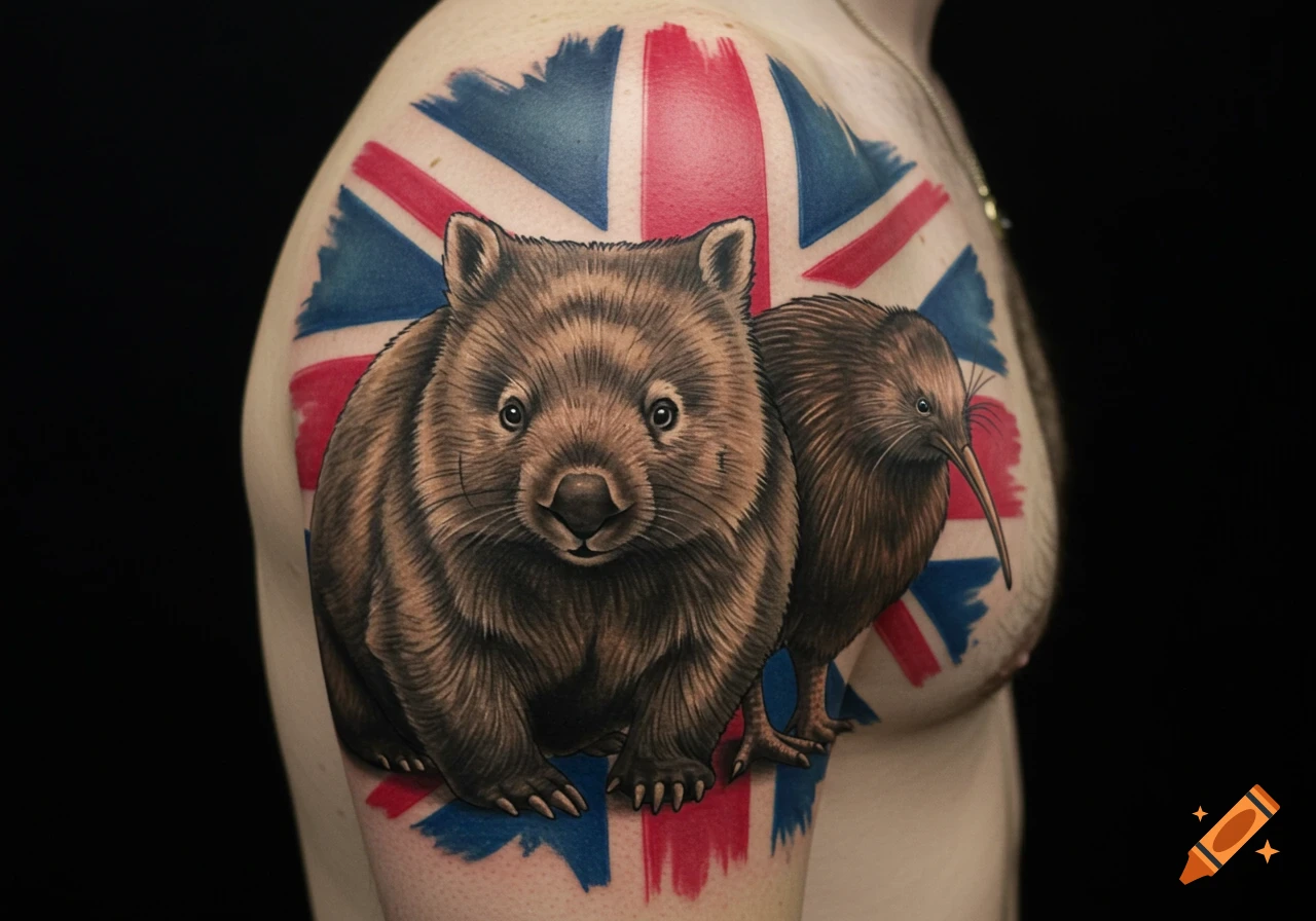 A realistic tattoo on a person's shoulder depicting a wombat and a kiwi bird over a Union Jack flag.